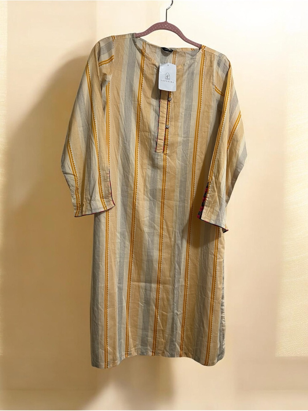 Casual Cream & Mustard Striped Button-Down Kurta Shirt